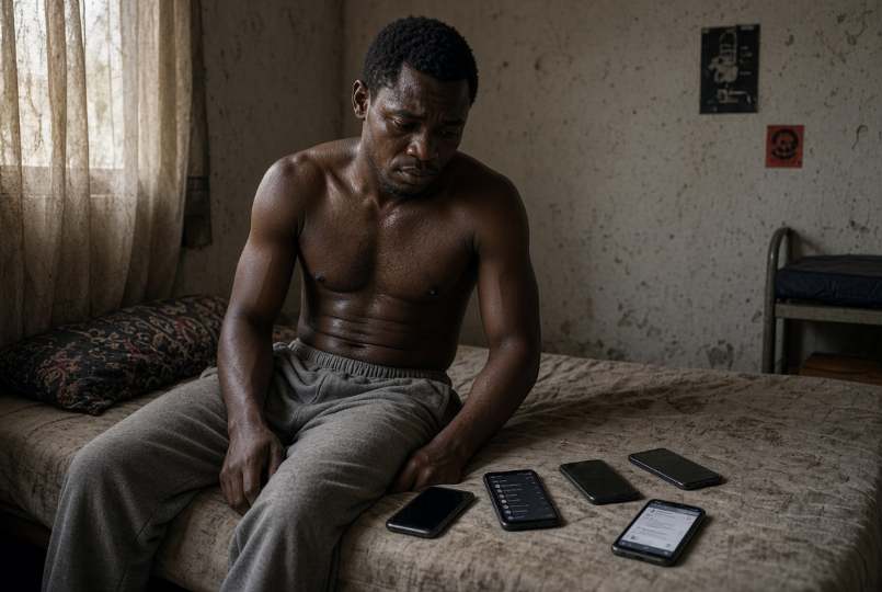 Shirtless adult man with several phones on a bed, the human side of forwarding a Naija university homemade sextape through group chats