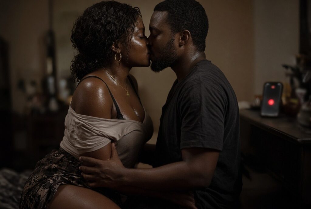Adult couple kissing with clothes coming off while a phone records in the background, showing why a homemade sextape needs separate consent to share