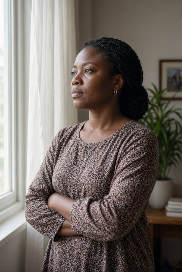 Thoughtful woman gazing out window